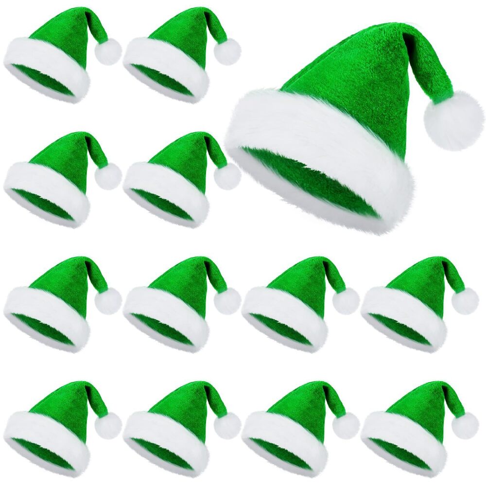6735 12 Pack Plush Santa Hat Bulk Green Christmas Santa Hat for Xmas Party